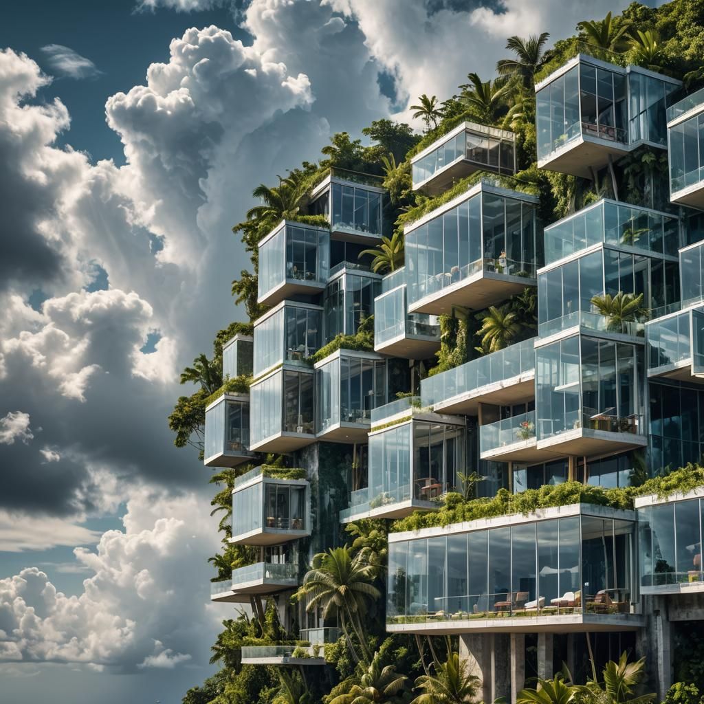 Crystal Villas Floating Above Tropical Island Clouds