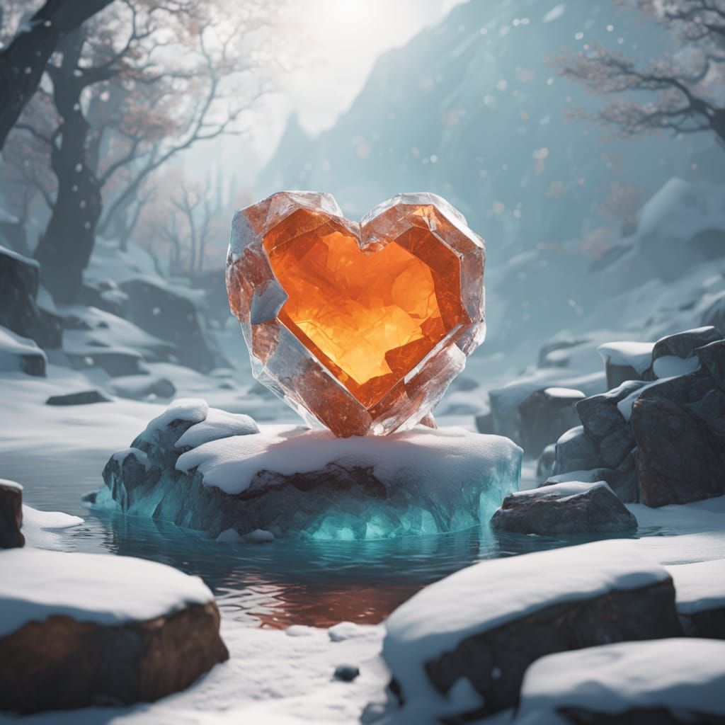 Heart-Shaped Ice Sculpture on Snowy Rocks