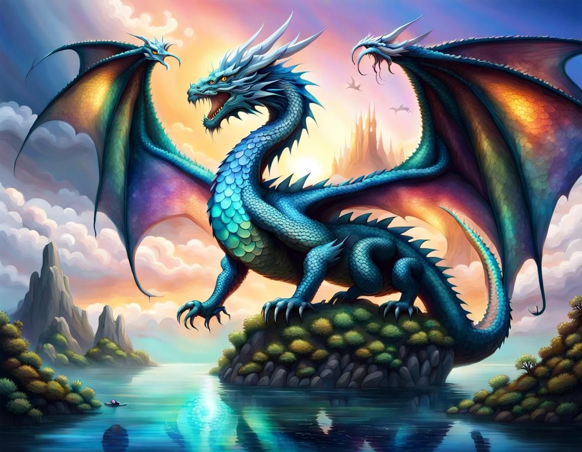 A majestic dragon, its iridescent scales reflecting the light, soaring ...