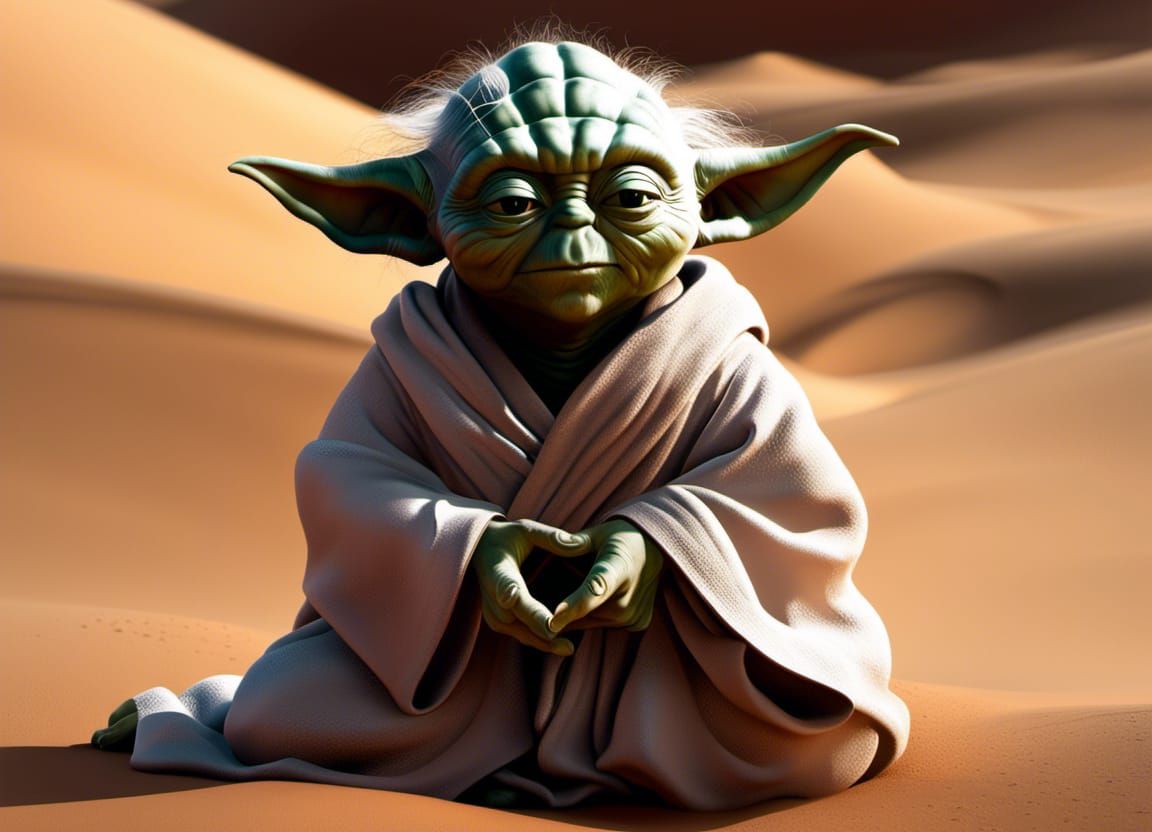 Yoda in big depression, trapped on Sahara desert v.2 AI Generated