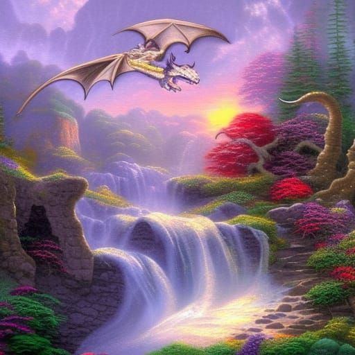 Dragon flying over stone Waterfall