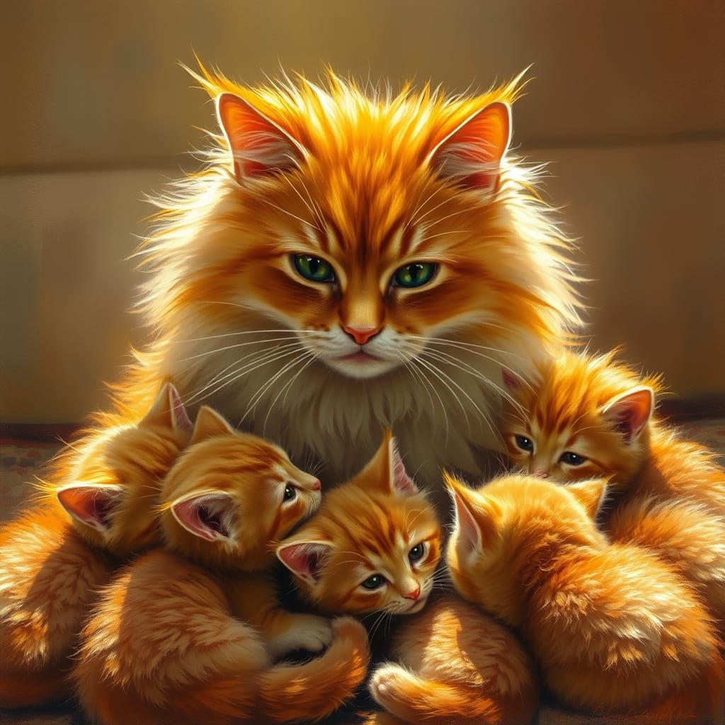 fluffy red cat with it fluffy red kittens  by @Pukinette