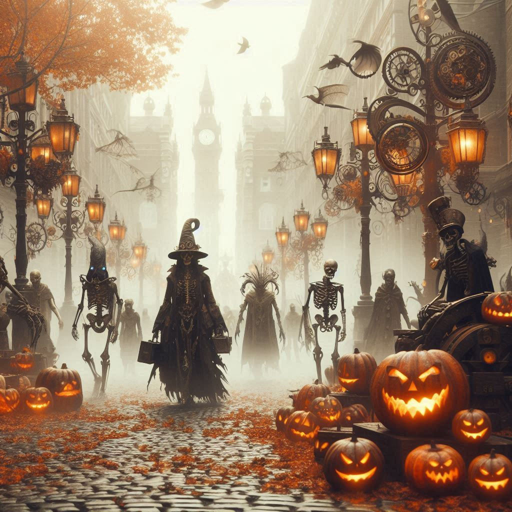Haloween in the streets of Steampunk City