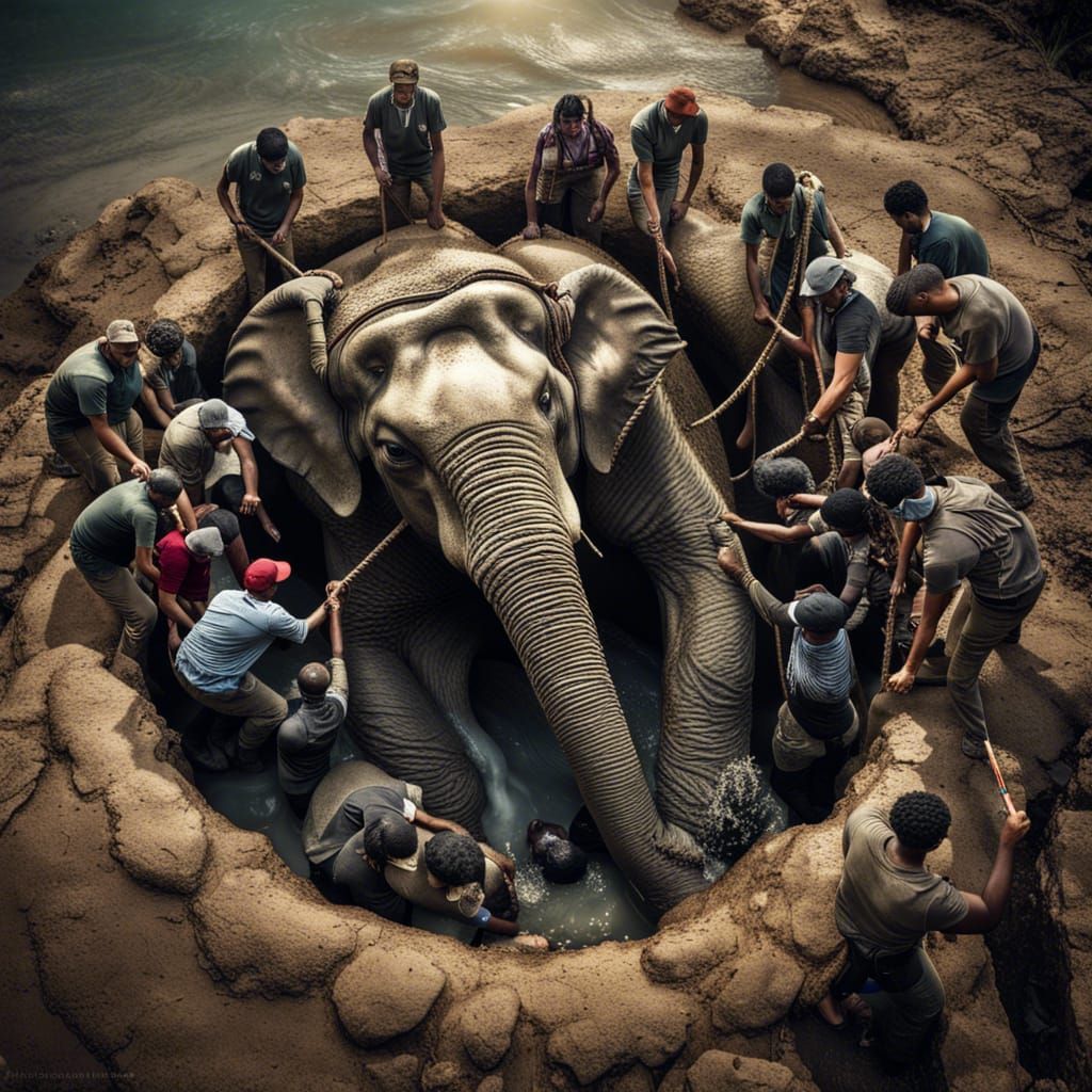 A group of humans saving an elephant in a waterfilled hole in the ground from drowning  by @LP-13