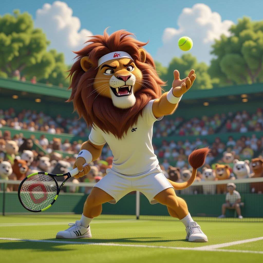 A regal lion, dressed in a crisp white tennis outfit and sporting a sweatband, fiercely serves a tennis ...  by @REDGEEZER