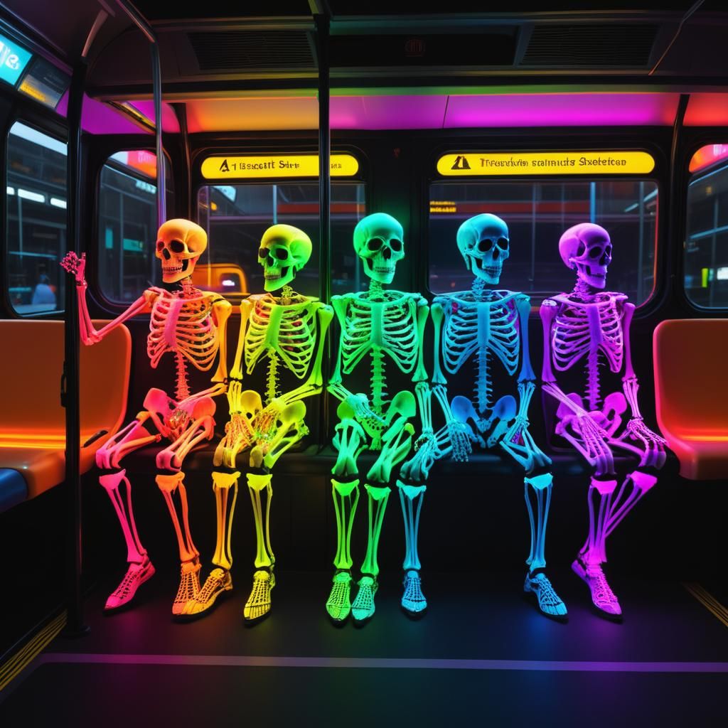 fluorescent skeletons travelling in Sydney buses  by @Kalpine