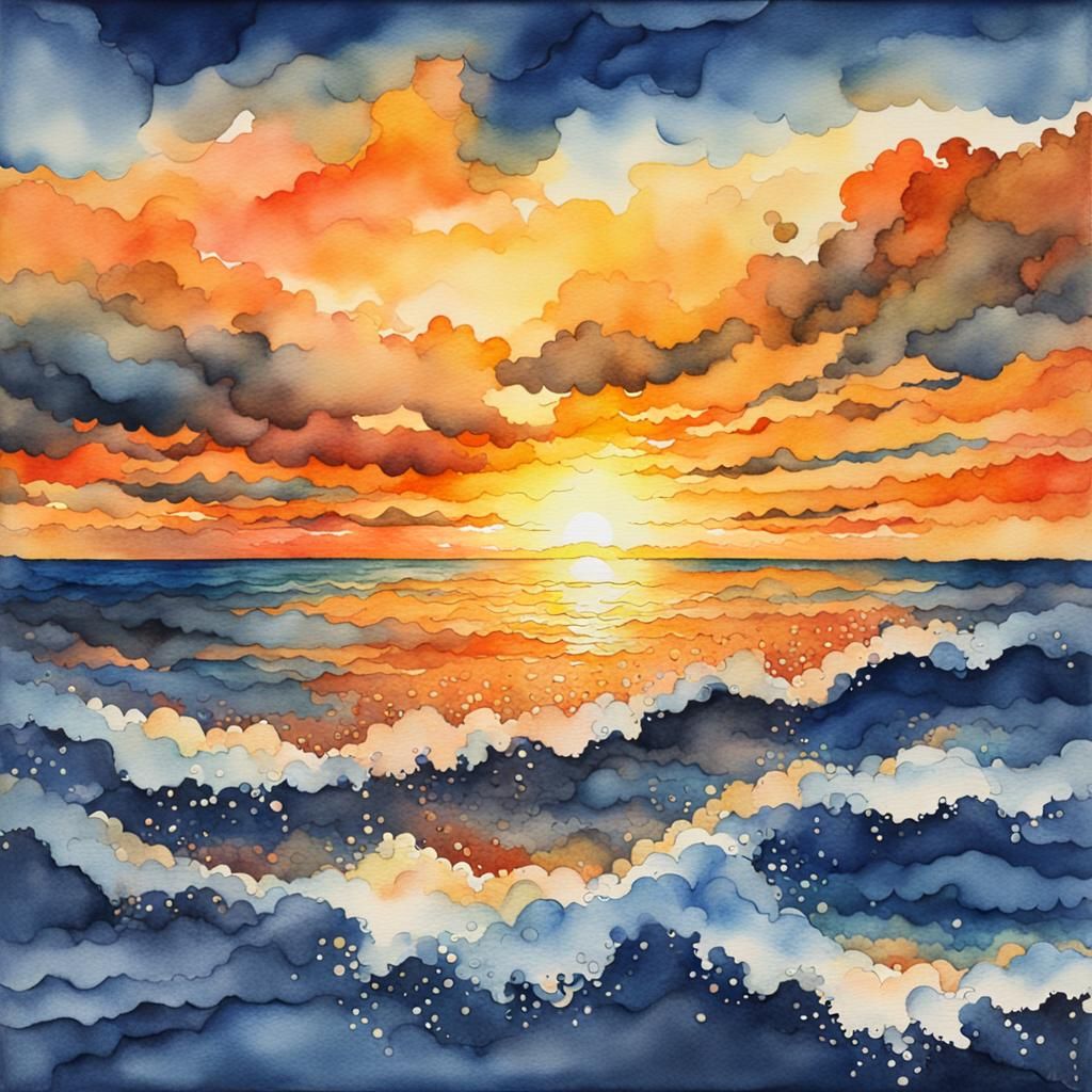 Watercolor of Ocean Sunset  by @crystal_moth