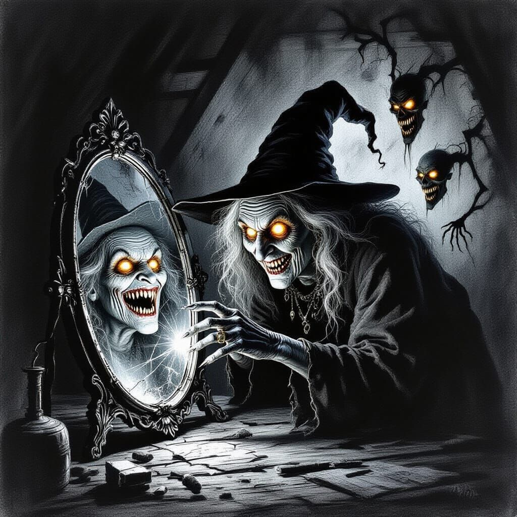 The Witch’s Mirror: In a candlelit hut, a witch gazes into a cracked mirror that reflects monstrous versions of herself, shadows moving inde...