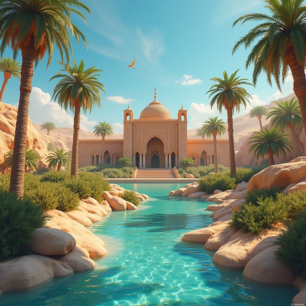Ancient Middle Eastern Temple in Vibrant, Mystical Oasis