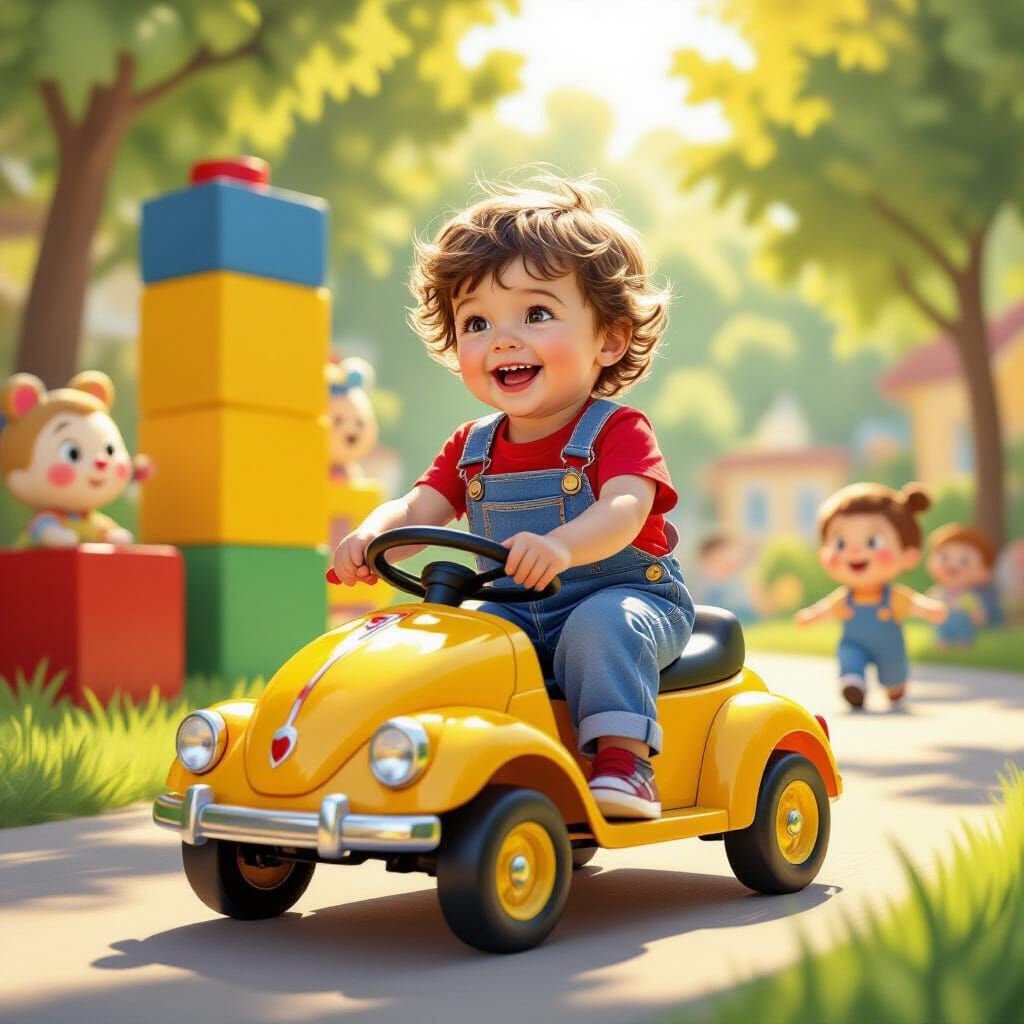 Child Rides Toy Car with Cartoon Friends