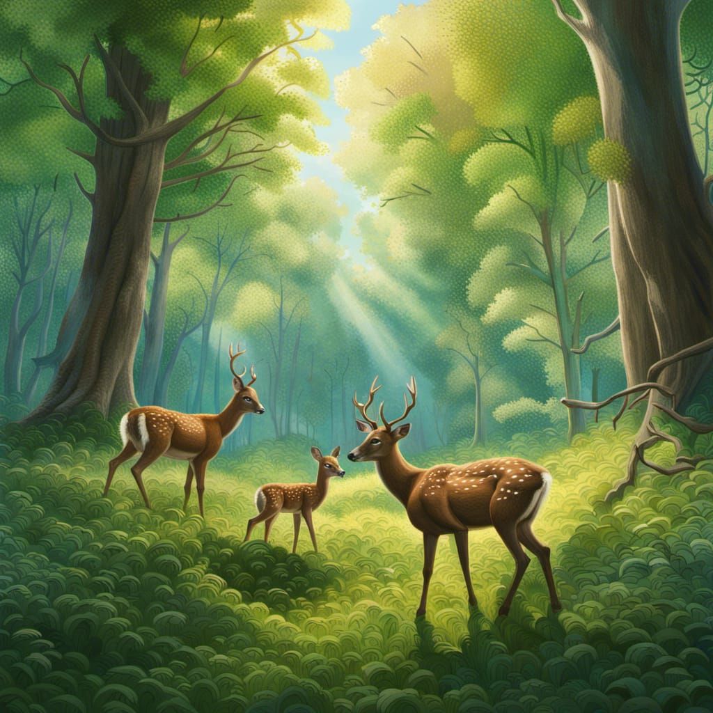 large green forest clearing with deer and fawn under a blue ...