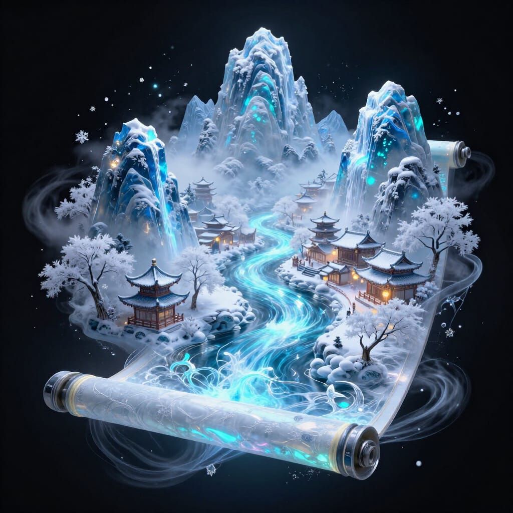 A breathtaking, surreal winter landscape emerging from an unfurled, glowing scroll floating against a ...  by @EsterJasmine