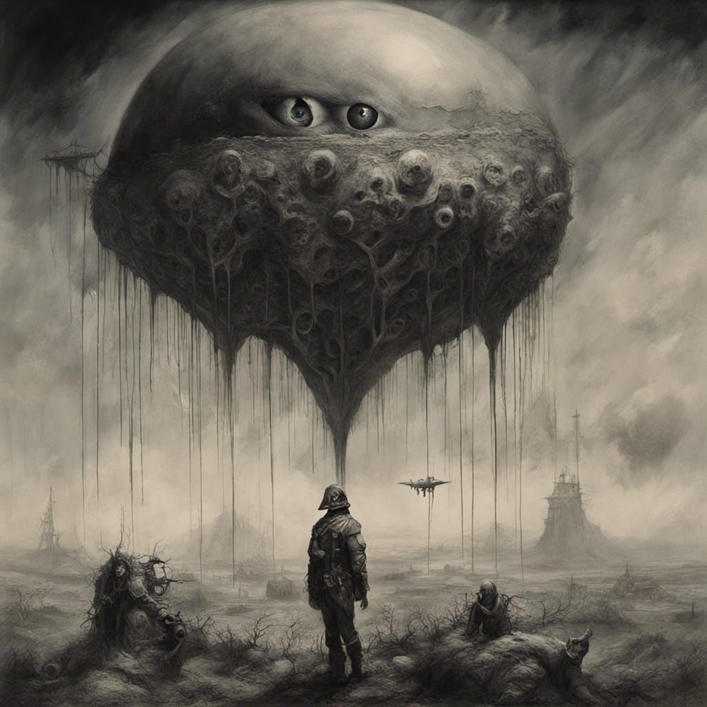 giant eye in the sky. Horror landscape, High contrast, by Gerald Brom