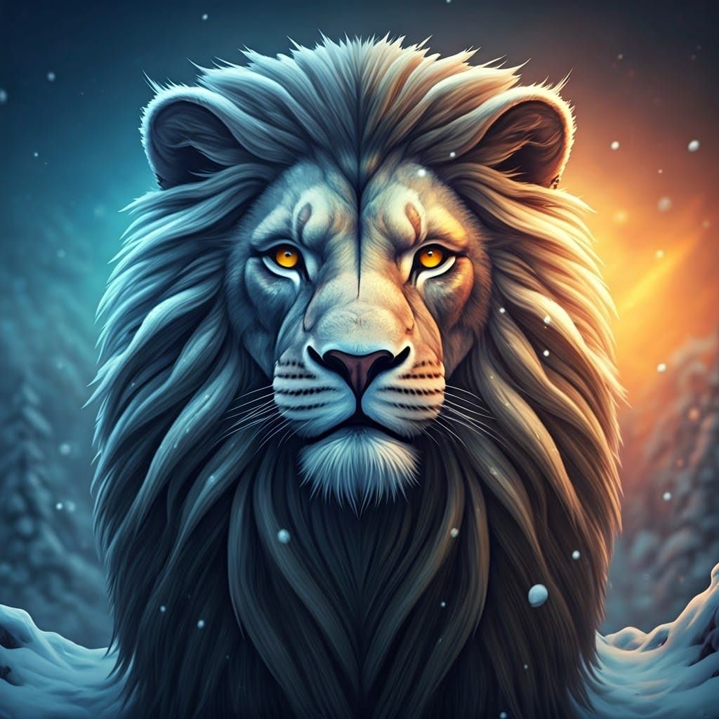 Snow-Covered Tree Lion in Hyper-Realistic Concept Art Style