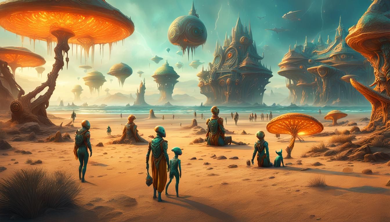 schöne alienfrauen, am strand,alien -pets,türkis,orange, gel...