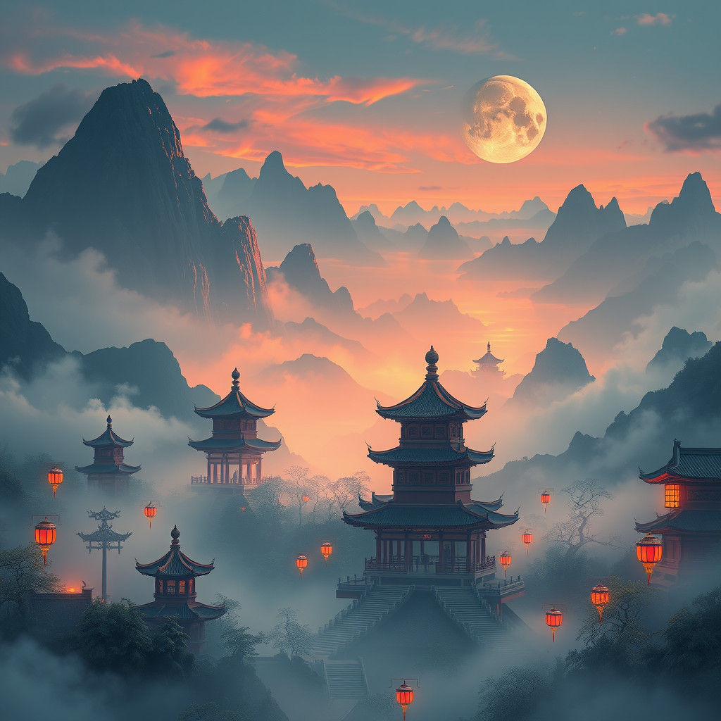 Dreamy Chinese Fantasy Landscape in Matte Painting Style