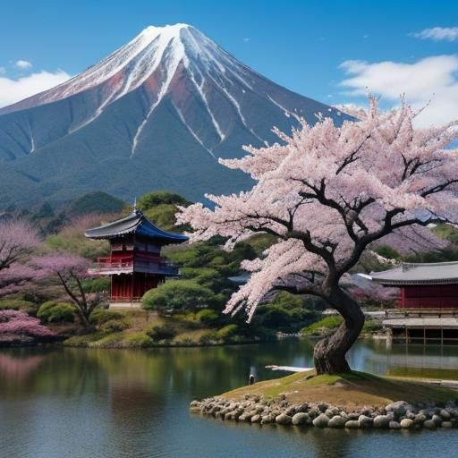 A beautiful ancient sakura tree in front of a lake. Mountain...