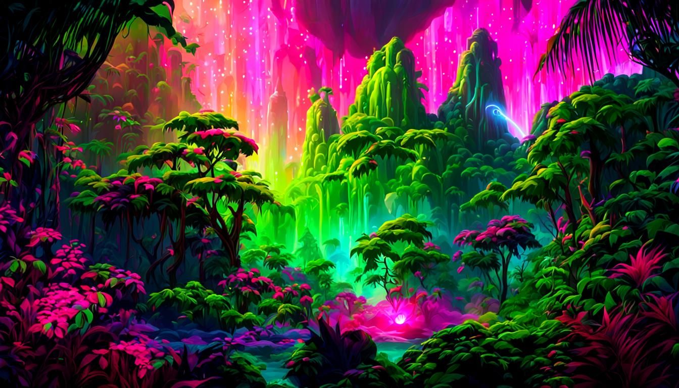 GREEN AND FLORESCENT PINK COLORED AI CRATED rainforest NFT f...
