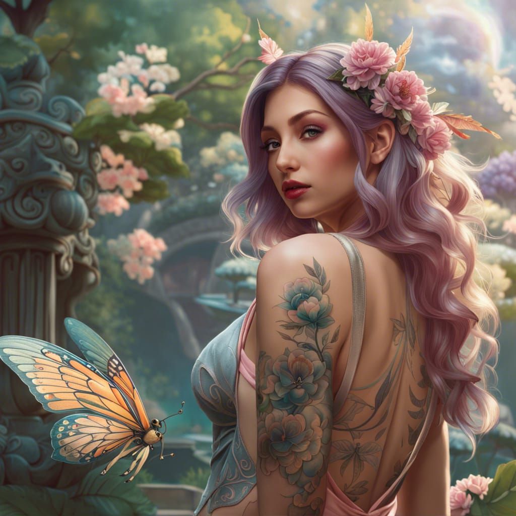 Beautiful fairy girl with mystical tattoo in a beautiful jap...