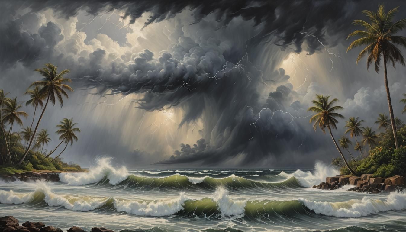 A breathtaking hyper realistic oil painting set capturing the essence of a hurricane making landfall, ...  by @ShoelessJoe