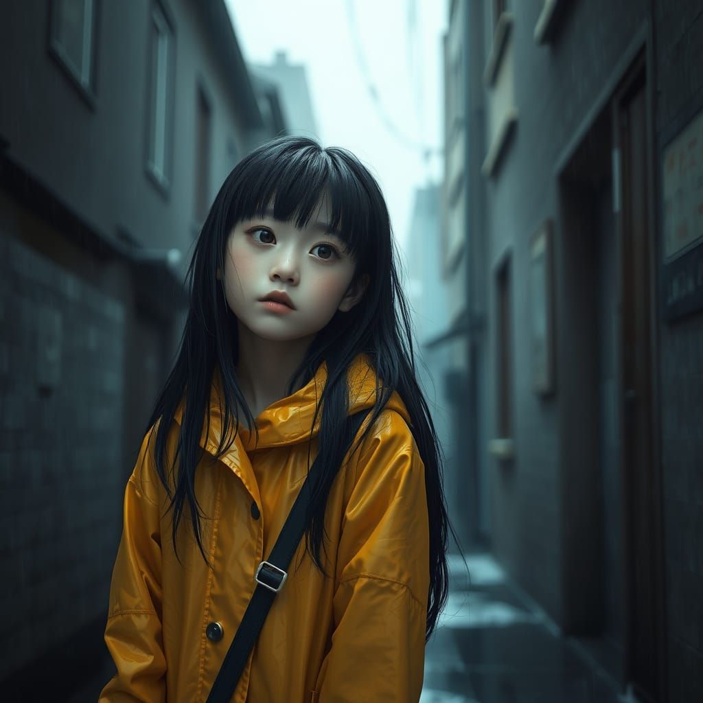 Mysterious Korean Girl in Rainy Alleyway - Detailed Matte Pa...