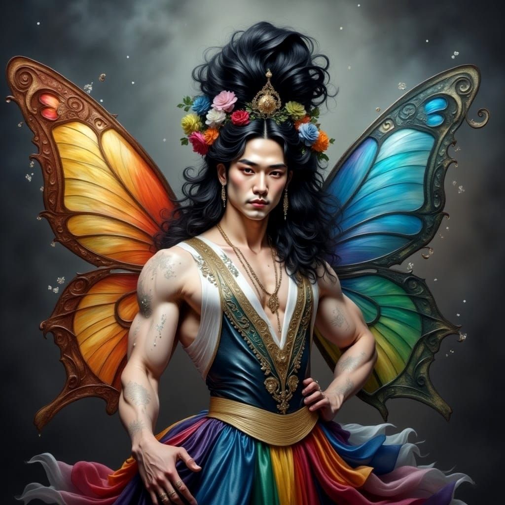 <lora:Princess Intensity:1.0> Gorgeous Asian man fairy with rainbow butterfly wings, baroque, painting style, artistic, rich, dark gray hazy...
