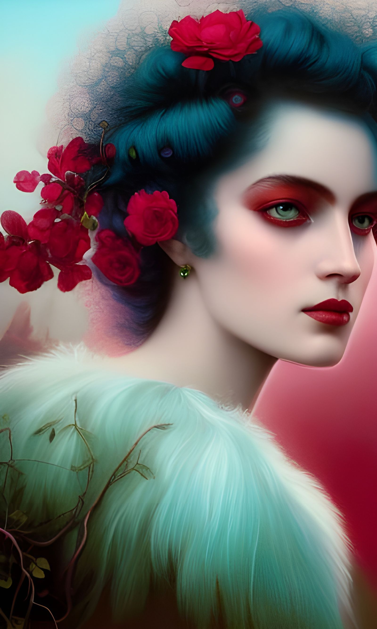 Portrait Of 70s black haired Hippie Woman Splash Of Teal and...