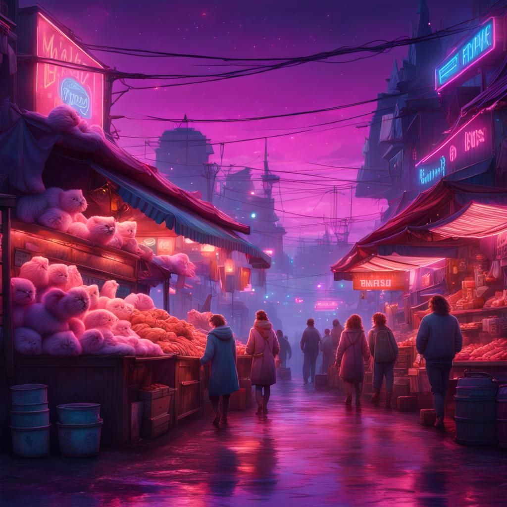 Fluffy cat, market, neon lights, fish stalls, night sky, purple, blue