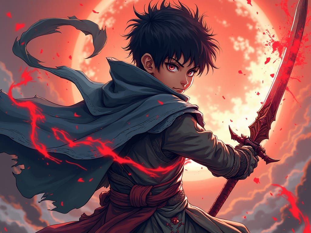 Anime Boy Warrior with Sword and Cloak