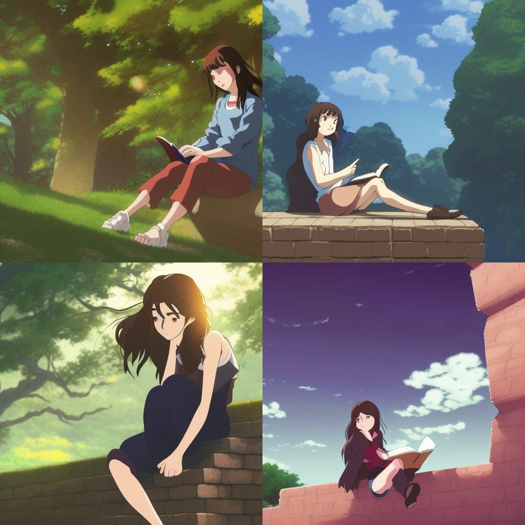 brunette Girl sitting on a wall reading a book