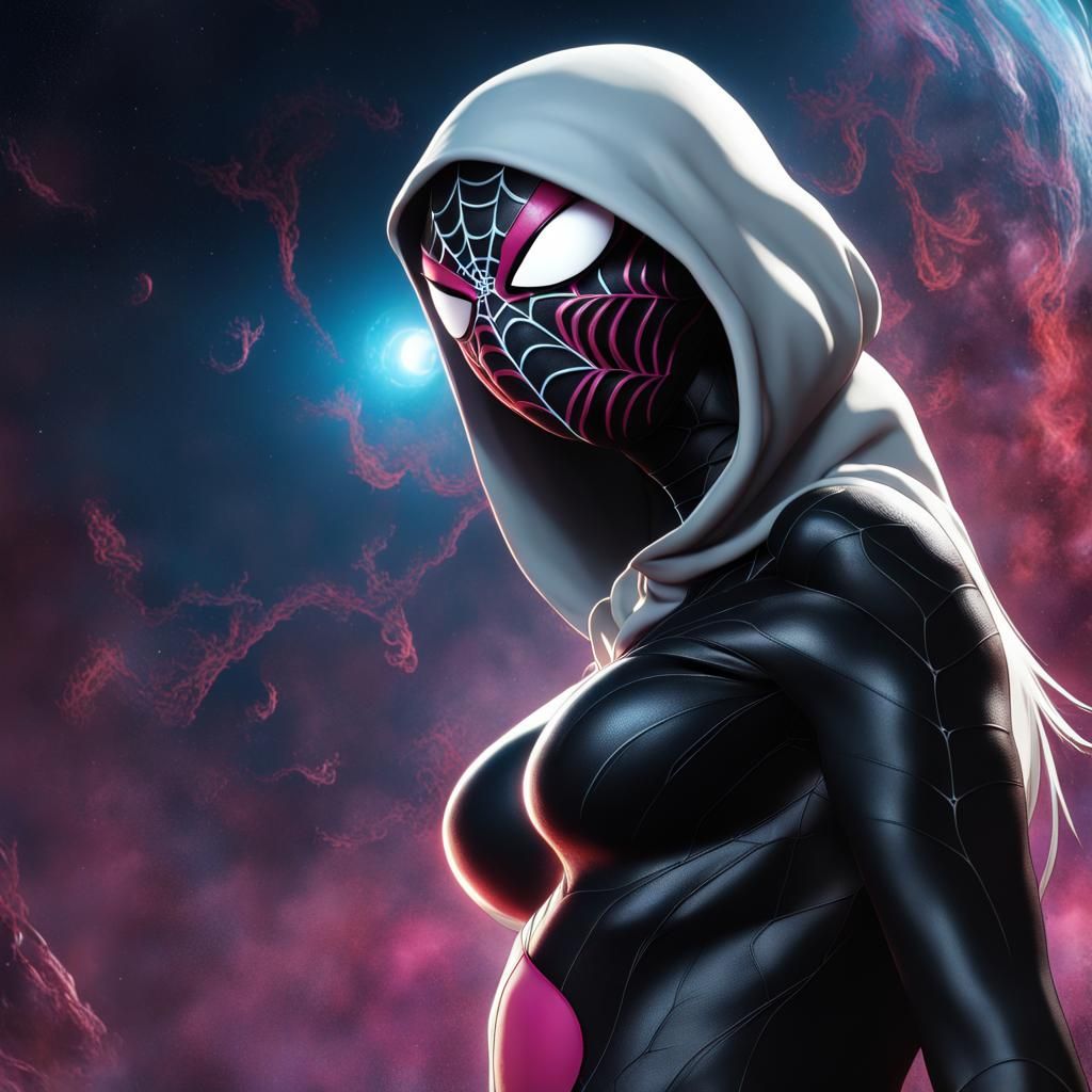 Spider-Gwen Venom, with hood and mask, depicted as a colossal giant ...