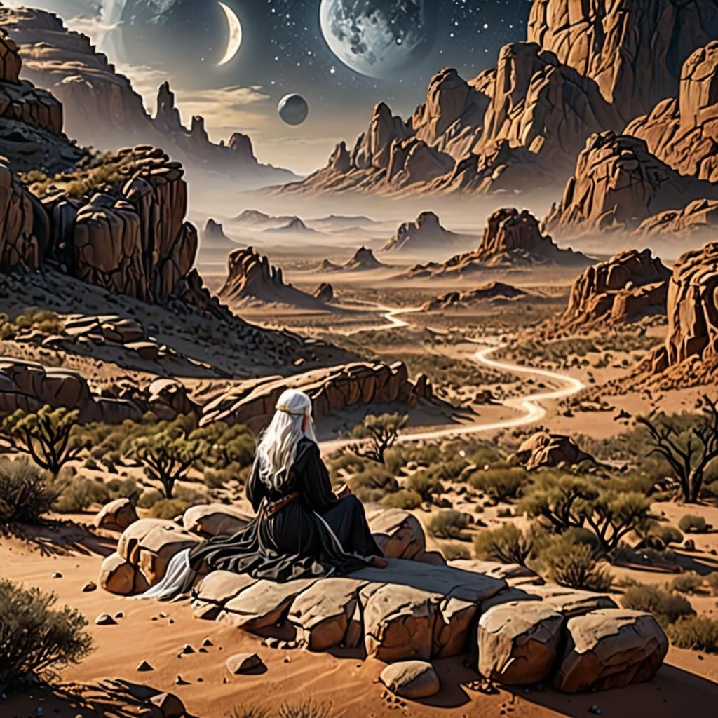 A woman long white hair, wearning a simple flowing white dress sits on a boulder, looking at moons over a stark desert landscape at night wi...