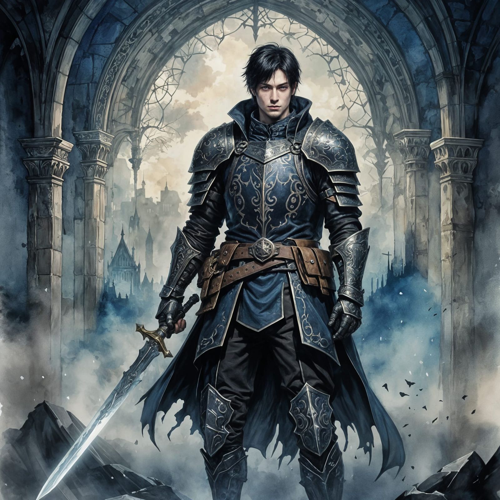A digital illustration of a gothic male paladin with short l...
