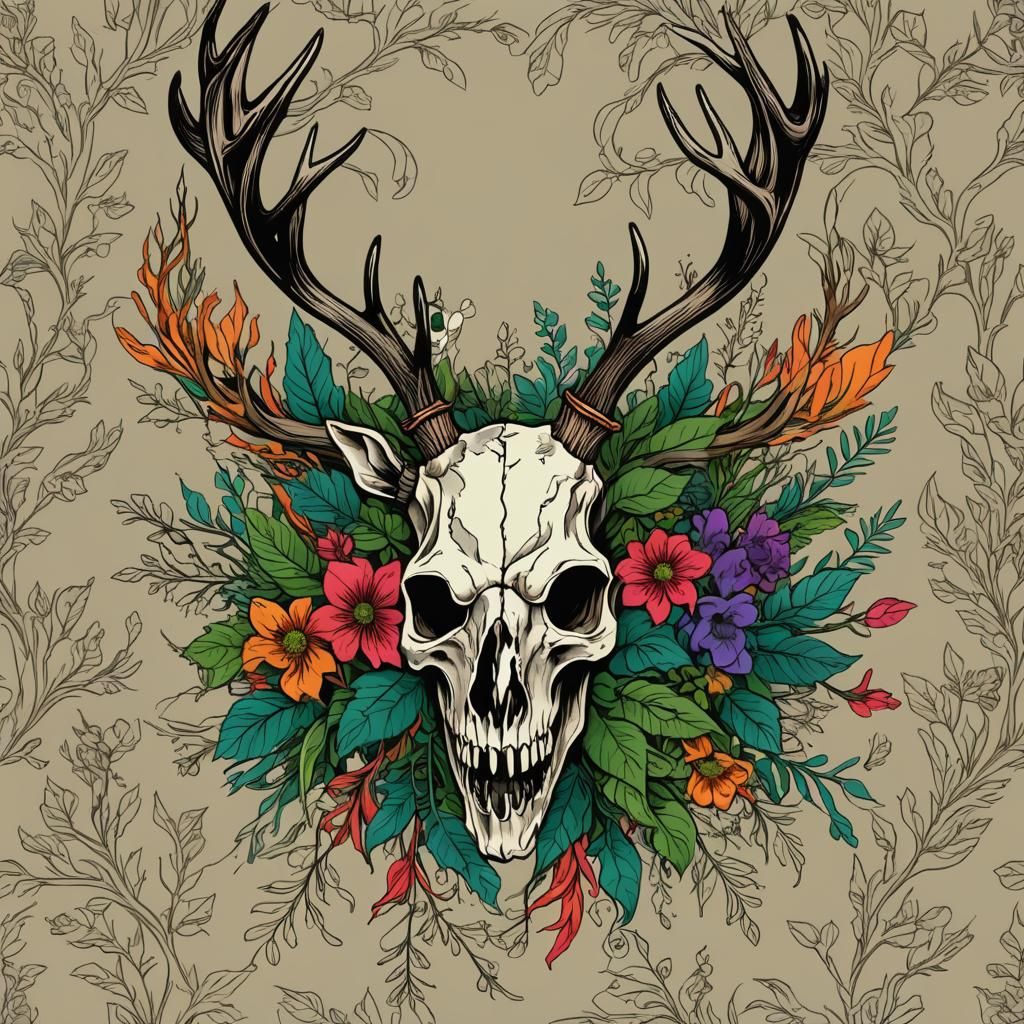 svg, outlines, deer skull, flourish, plants growing out of i...