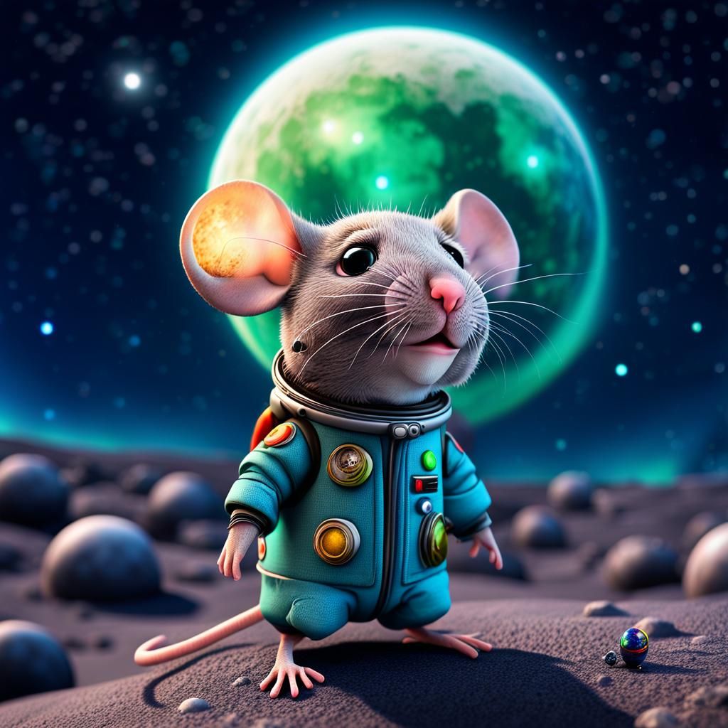 chibi mouse on the moon surface, starry night sky with plane...