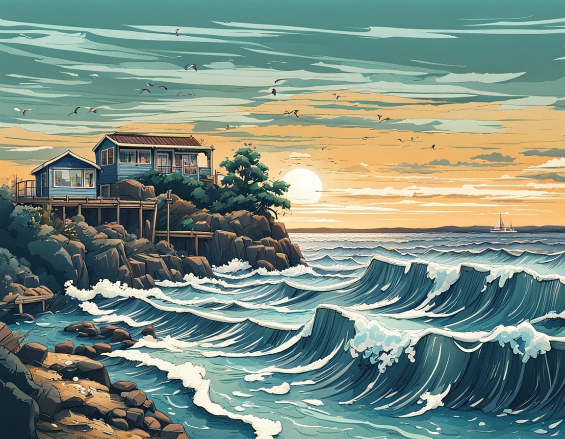 Turmoil on the Ocean Surface in a Cyberpunk Aesthetic