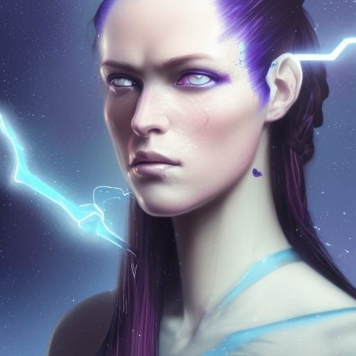 She has long dark purple hair pulled back into a ponytail, h...