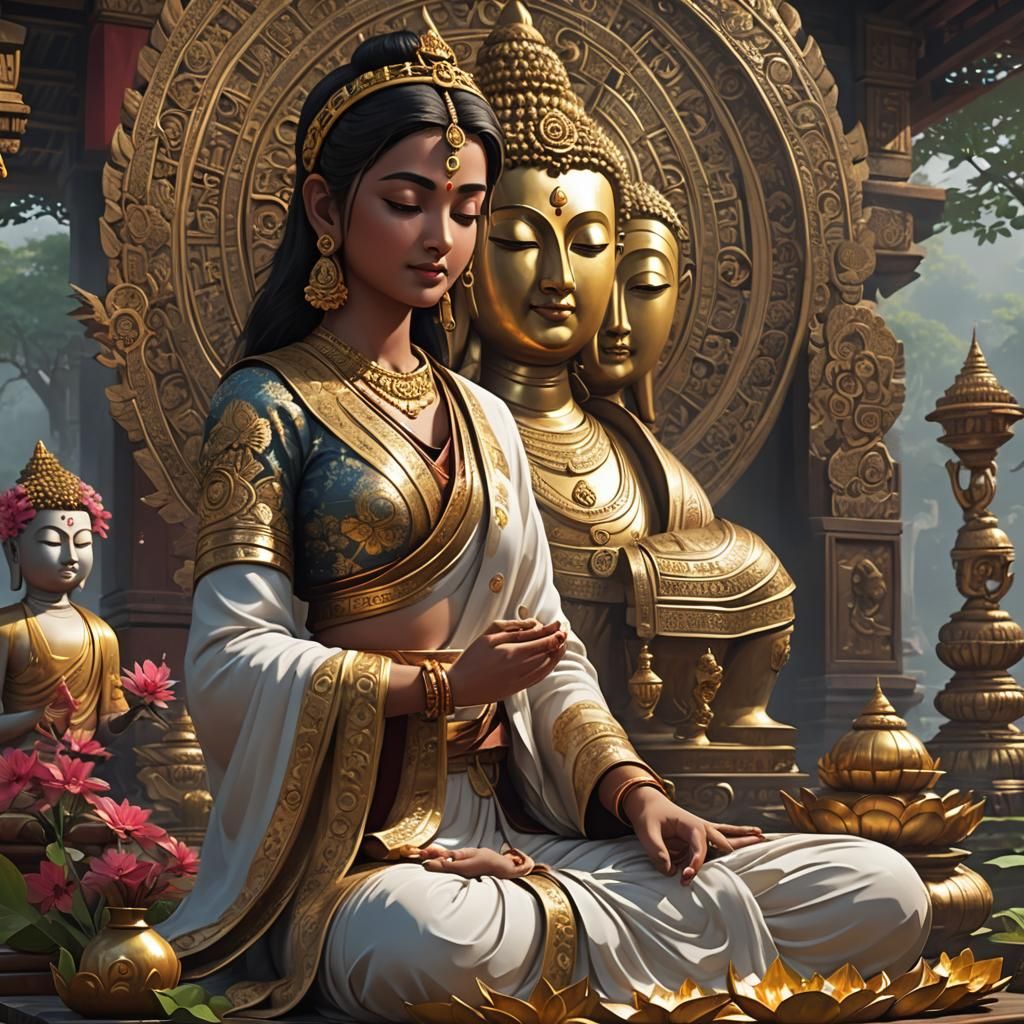 Indian rich woman paying homage to buddha - AI Generated Artwork ...