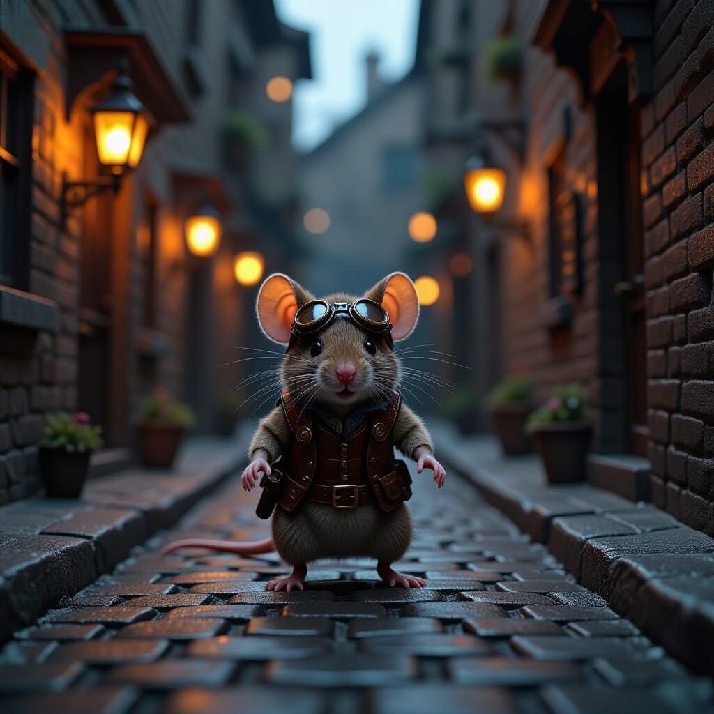 An intrepid mouse, clad in a tiny, steampunk-inspired leather vest and goggles, navigates a dimly lit, cobblestone alleyway behind a bustlin...