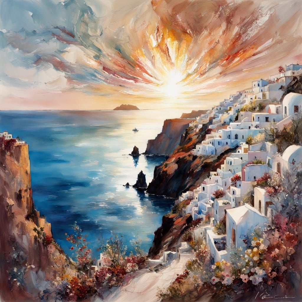 Santorini in springtime at red copper sunset   by @Mapont