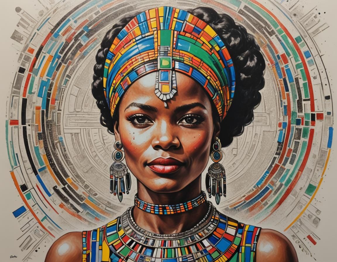portrait, art deco, groovy, sparkle, Ndebele art, conte drawing,, Silvia Pelissero, BEAUTIFUL WOMAN, COLOURFUL, ALFRED A...
