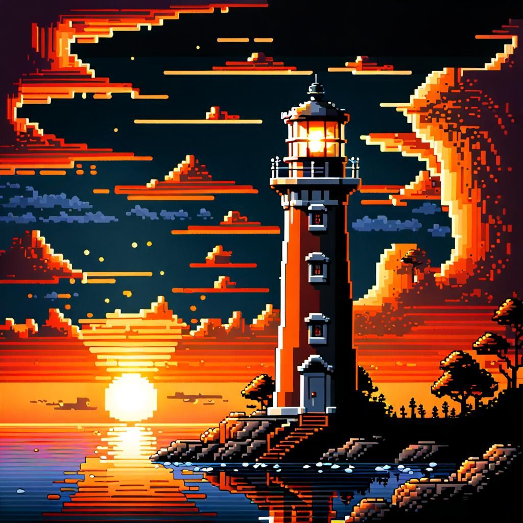 Lighthouse at Sunset, Pixel Art  by @Sittin_On_A_Fence