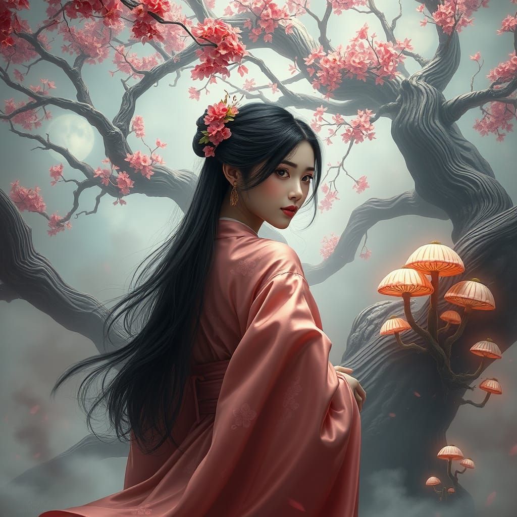 Elegant Asian Goddess in Dreamlike Landscape