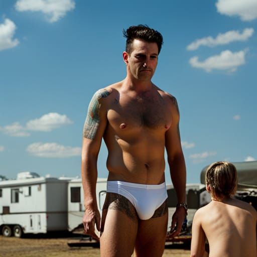 unfit, man in dirty white underwear, tattoos, crowded traile...