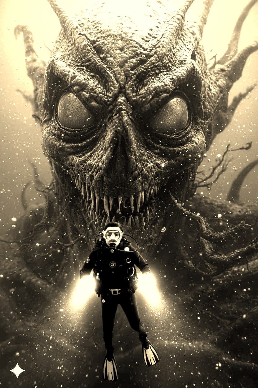 Scary Vintage Black and white style thalassophobia horror image of a terrified Scuba diver cornered by the bloop sea monster while out in the middle of the Pacific Ocean underwater 