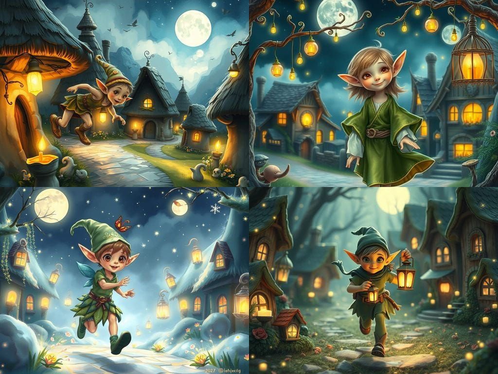 A watercolour masterpiece of A mischievous elf, running through a mystical fairy village , twingling fairylights, noctil...