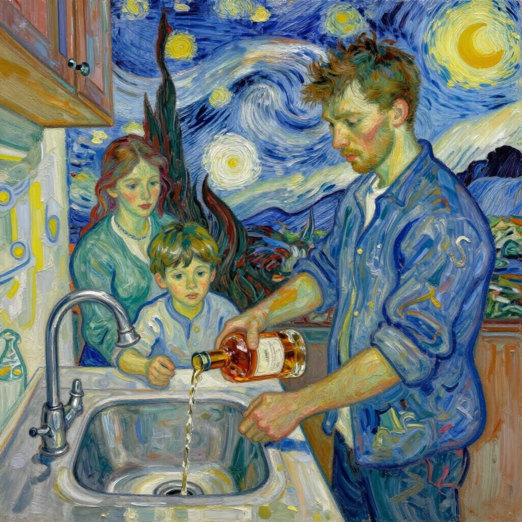 The year is 2025. A young man is standing at the kitchen sink, pouring the last of a bottle of whiskey ...  by @TasunkaWitko59523