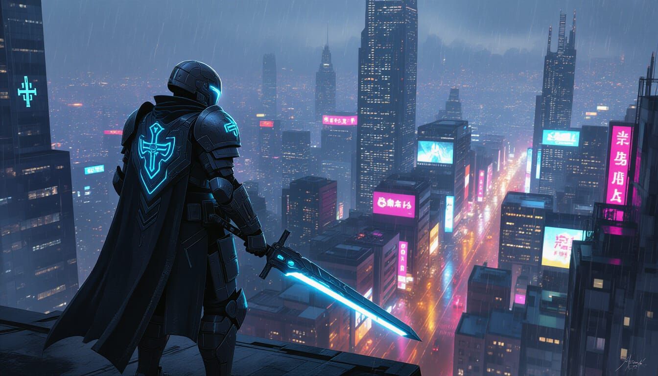 A lone Cyborg Paladin, clad in gleaming, battle-worn power armor etched with intricate holy symbols, stands defiantly on a precipice. Below ...