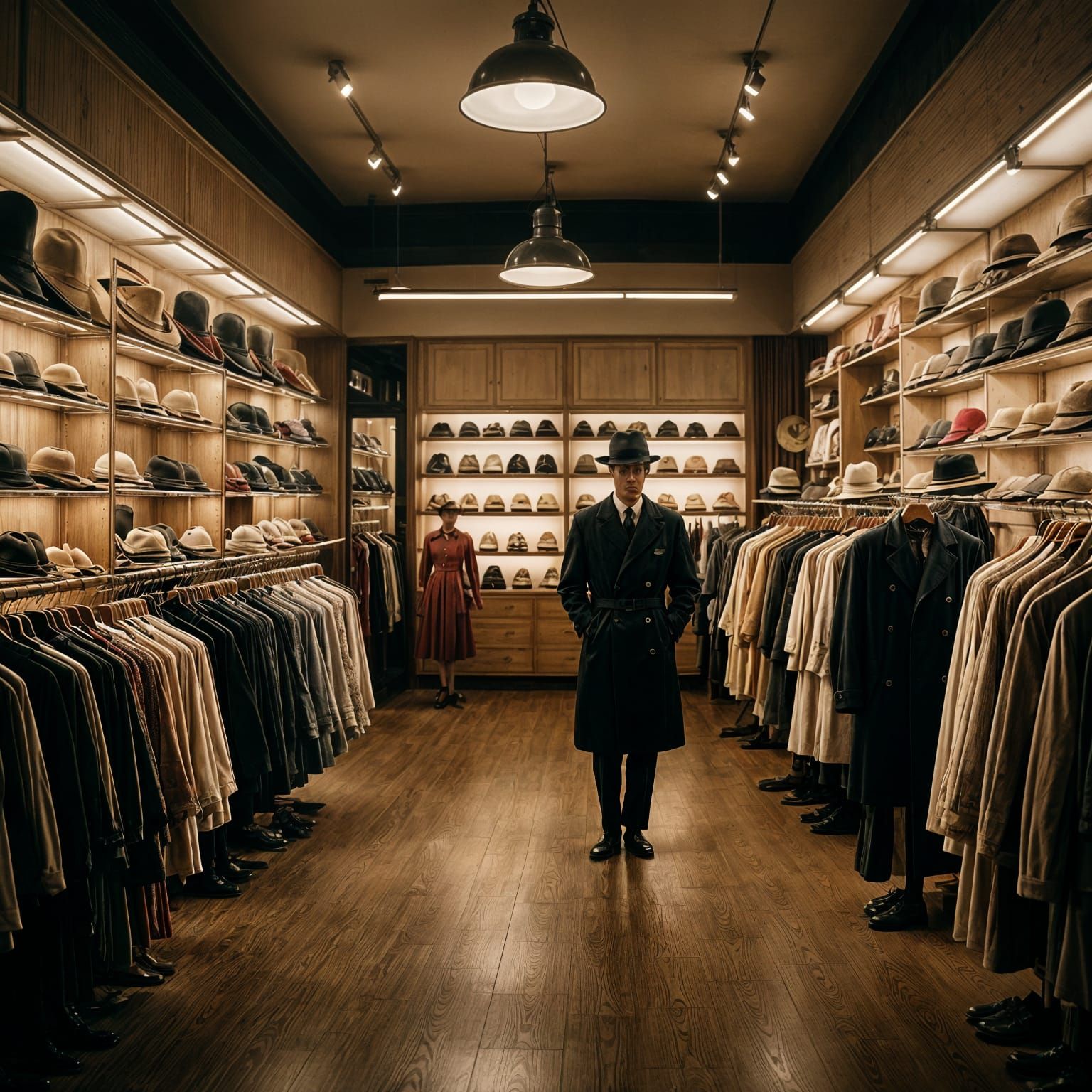 Photograph.Wide shot.A 1950's clothing store,1950 clothes,hats,shoes, cinematic lighting 