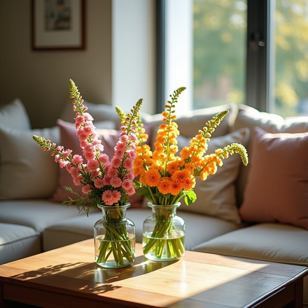 Vibrant Flowers in Cozy Living Room: Still Life